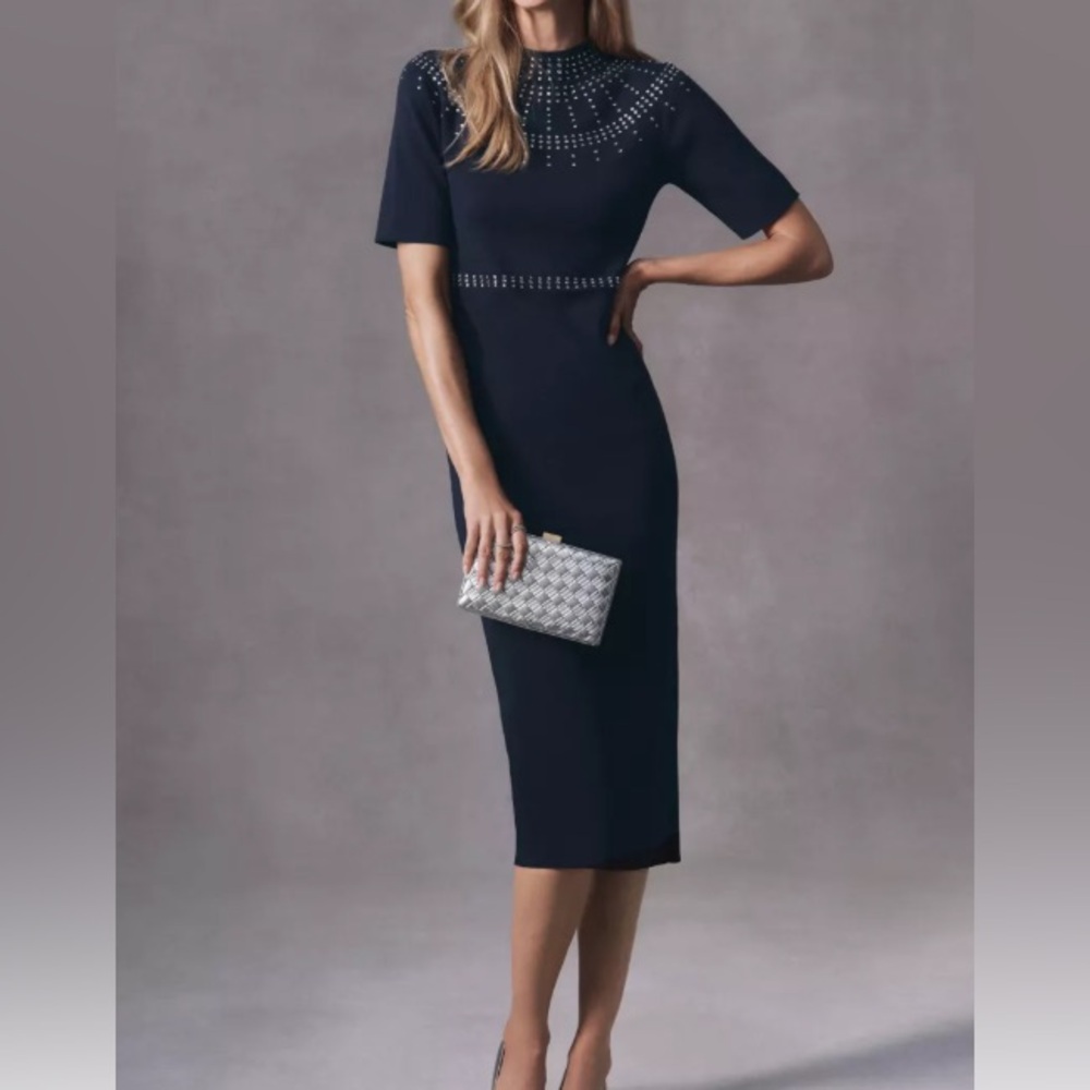 Ann Taylor Women’s Navy Blue Knit Mock-Neck Embellished Bodycon Dress Size S NWT